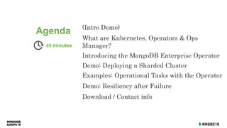 Agenda (Intro Demo)
What are Kubernetes, Operators & Ops
Manager?
Introducing the MongoDB Enterprise Operator
Demo: Deploying a Sharded Cluster
Examples: Operational Tasks with the Operator
Demo: Resiliency after Failure
Download / Contact info
40 minutes
 