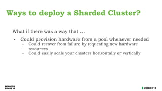 What if there was a way that …
• Could provision hardware from a pool whenever needed
• Could recover from failure by requesting new hardware
resources
• Could easily scale your clusters horizontally or vertically
Ways to deploy a Sharded Cluster?
 