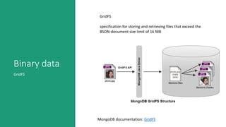 Binary data
MongoDB documentation: GridFS
GridFS
specification for storing and retrieving files that exceed the
BSON-document size limit of 16 MB
GridFS
 