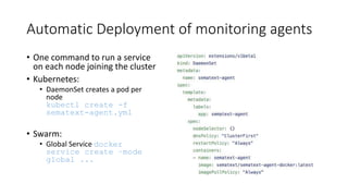 Automatic Deployment of monitoring agents
• One command to run a service
on each node joining the cluster
• Kubernetes:
• DaemonSet creates a pod per
node
kubectl create -f
sematext-agent.yml
• Swarm:
• Global Service docker
service create –mode
global ...
 