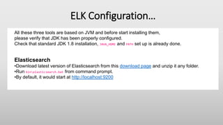 ELK Configuration…
All these three tools are based on JVM and before start installing them,
please verify that JDK has been properly configured.
Check that standard JDK 1.8 installation, JAVA_HOME and PATH set up is already done.
Elasticsearch
•Download latest version of Elasticsearch from this download page and unzip it any folder.
•Run binelasticsearch.bat from command prompt.
•By default, it would start at http://localhost:9200
 