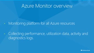 Azure Monitor overview
• Monitoring platform for all Azure resources
• Collecting performance, utilization data, activity and
diagnostics logs.
 