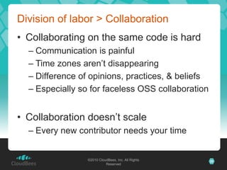 ©2010 CloudBees, Inc. All Rights
Reserved
20©2010 CloudBees, Inc. All Rights
Reserved
Division of labor > Collaboration
• Collaborating on the same code is hard
– Communication is painful
– Time zones aren’t disappearing
– Difference of opinions, practices, & beliefs
– Especially so for faceless OSS collaboration
• Collaboration doesn’t scale
– Every new contributor needs your time
 