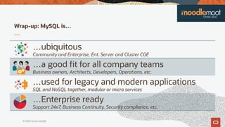 © 2020 Oracle MySQL
Wrap- p: y …
…
Community and Enterprise, Ent. Server and Cluster CGE
…
Business owners, Architects, Developers, Operations, etc.
…
SQL and NoSQL together, modular or micro services
…
Support 24x7, Business Continuity, Security compliance, etc.
 