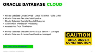 https://cloud.oracle.com/database
Copyright © 2018 Accenture. All rights reserved. 11
ORACLE DATABASE CLOUD
• Oracle Database Cloud Service - Virtual Machines / Bare Metal
• Oracle Database Exadata Cloud Service
• Oracle Database Exadata Cloud at Customer
• Autonomous Transaction Processing
• Autonomous Data Warehouse
• Oracle Database Exadata Express Cloud Service – Managed
• Oracle Database Schema Cloud Service - Managed
 