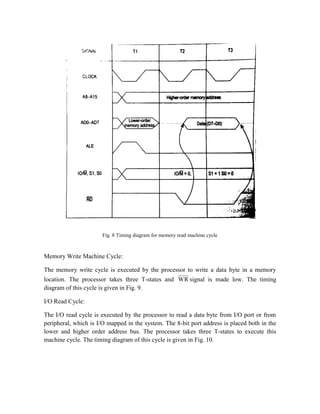 Fig. 8 Timing diagram for memory read machine cycle
Memory Write Machine Cycle:
The memory write cycle is executed by the processor to write a data byte in a memory
location. The processor takes three T-states and WR signal is made low. The timing
diagram of this cycle is given in Fig. 9.
I/O Read Cycle:
The I/O read cycle is executed by the processor to read a data byte from I/O port or from
peripheral, which is I/O mapped in the system. The 8-bit port address is placed both in the
lower and higher order address bus. The processor takes three T-states to execute this
machine cycle. The timing diagram of this cycle is given in Fig. 10.
 