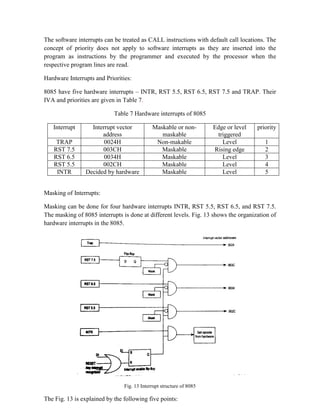 The software interrupts can be treated as CALL instructions with default call locations. The
concept of priority does not apply to software interrupts as they are inserted into the
program as instructions by the programmer and executed by the processor when the
respective program lines are read.
Hardware Interrupts and Priorities:
8085 have five hardware interrupts – INTR, RST 5.5, RST 6.5, RST 7.5 and TRAP. Their
IVA and priorities are given in Table 7.
Table 7 Hardware interrupts of 8085
Interrupt Interrupt vector
address
Maskable or non-
maskable
Edge or level
triggered
priority
TRAP 0024H Non-makable Level 1
RST 7.5 003CH Maskable Rising edge 2
RST 6.5 0034H Maskable Level 3
RST 5.5 002CH Maskable Level 4
INTR Decided by hardware Maskable Level 5
Masking of Interrupts:
Masking can be done for four hardware interrupts INTR, RST 5.5, RST 6.5, and RST 7.5.
The masking of 8085 interrupts is done at different levels. Fig. 13 shows the organization of
hardware interrupts in the 8085.
Fig. 13 Interrupt structure of 8085
The Fig. 13 is explained by the following five points:
 