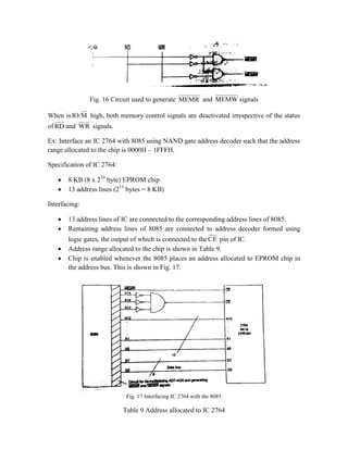 Fig. 16 Circuit used to generate MEMR and MEMW signals
When is M
IO/ high, both memory control signals are deactivated irrespective of the status
of RD and WR signals.
Ex: Interface an IC 2764 with 8085 using NAND gate address decoder such that the address
range allocated to the chip is 0000H – 1FFFH.
Specification of IC 2764:
 8 KB (8 x 210
byte) EPROM chip
 13 address lines (213
bytes = 8 KB)
Interfacing:
 13 address lines of IC are connected to the corresponding address lines of 8085.
 Remaining address lines of 8085 are connected to address decoder formed using
logic gates, the output of which is connected to the CE pin of IC.
 Address range allocated to the chip is shown in Table 9.
 Chip is enabled whenever the 8085 places an address allocated to EPROM chip in
the address bus. This is shown in Fig. 17.
Fig. 17 Interfacing IC 2764 with the 8085
Table 9 Address allocated to IC 2764
 