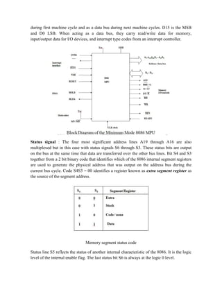 during first machine cycle and as a data bus during next machine cycles. D15 is the MSB
and D0 LSB. When acting as a data bus, they carry read/write data for memory,
input/output data for I/O devices, and interrupt type codes from an interrupt controller.
Status signal : The four most significant address lines A19 through A16 are also
multiplexed but in this case with status signals S6 through S3. These status bits are output
on the bus at the same time that data are transferred over the other bus lines. Bit S4 and S3
together from a 2 bit binary code that identifies which of the 8086 internal segment registers
are used to generate the physical address that was output on the address bus during the
current bus cycle. Code S4S3 = 00 identifies a register known as extra segment register as
the source of the segment address.
Memory segment status code
Status line S5 reflects the status of another internal characteristic of the 8086. It is the logic
level of the internal enable flag. The last status bit S6 is always at the logic 0 level.
 