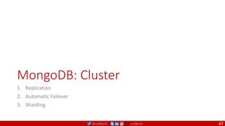 @arafkarsh arafkarsh
MongoDB: Cluster
1. Replication
2. Automatic Failover
3. Sharding
47
 