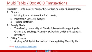 @arafkarsh arafkarsh
Multi Table / Doc ACID Transactions
Examples – Systems of Record or Line of Business (LoB) Applications
1. Finance
1. Moving funds between Bank Accounts,
2. Payment Processing Systems
3. Trading Platforms
2. Supply Chain
• Transferring ownership of Goods & Services through Supply
Chains and Booking Systems – Ex. Adding Order and Reducing
inventory.
3. Billing System
1. Adding a Call Detail Record and then updating Monthly Plan.
Source: ACID Transactions in MongoDB
9
 