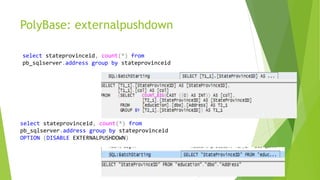 PolyBase: externalpushdown
select stateprovinceid, count(*) from
pb_sqlserver.address group by stateprovinceid
select stateprovinceid, count(*) from
pb_sqlserver.address group by stateprovinceid
OPTION (DISABLE EXTERNALPUSHDOWN)
 