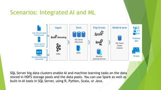 Scenarios: Integrated AI and ML
SQL Server big data clusters enable AI and machine learning tasks on the data
stored in HDFS storage pools and the data pools. You can use Spark as well as
built-in AI tools in SQL Server, using R, Python, Scala, or Java.
 