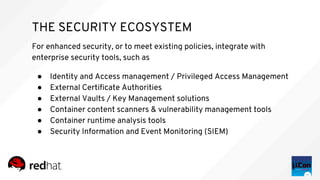 THE SECURITY ECOSYSTEM
● Identity and Access management / Privileged Access Management
● External Certificate Authorities
● External Vaults / Key Management solutions
● Container content scanners & vulnerability management tools
● Container runtime analysis tools
● Security Information and Event Monitoring (SIEM)
For enhanced security, or to meet existing policies, integrate with
enterprise security tools, such as
 