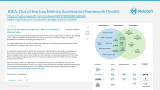 All contents © MuleSoft, LLC
https://help.mulesoft.com/s/ideas#0872T000000Lrk8QAC
https://github.com/mulesoft-catalyst/metrics-toolkit
14
IDEA: Out of the box Metrics Accelerator/Framework/Toolkit
 