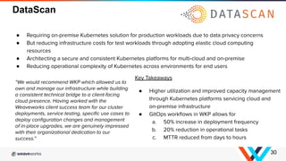 DataScan
30
“We would recommend WKP which allowed us to
own and manage our infrastructure while building
a consistent technical bridge to a client-facing
cloud presence. Having worked with the
Weaveworks client success team for our cluster
deployments, service testing, speciﬁc use cases to
deploy conﬁguration changes and management
of in-place upgrades, we are genuinely impressed
with their organizational dedication to our
success.”
● Requiring on-premise Kubernetes solution for production workloads due to data privacy concerns
● But reducing infrastructure costs for test workloads through adopting elastic cloud computing
resources
● Architecting a secure and consistent Kubernetes platforms for multi-cloud and on-premise
● Reducing operational complexity of Kubernetes across environments for end users
Key Takeaways
● Higher utilization and improved capacity management
through Kubernetes platforms servicing cloud and
on-premise infrastructure
● GitOps workﬂows in WKP allows for
a. 50% increase in deployment frequency
b. 20% reduction in operational tasks
c. MTTR reduced from days to hours
 