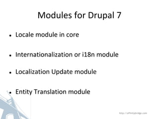 Modules for Drupal 7
● Locale module in core
● Internationalization or i18n module
● Localization Update module
● Entity Translation module
http://affinitybridge.com
 