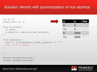Rainer Grimm: Multithreading done right?
Solution: Atomic with sychronization of non atomics
int x= 0;
atomic<int> y= 0;
void writing(){
x= 2000;
y.store(11, memory_order_release);
}
void reading(){
cout << y.load(memory_order_acquire) << " ";
cout << x << endl;
}
...
thread thread1(writing);
thread thread2(reading);
y x Yes
0 0
11 0
0 2000
11 2000
 