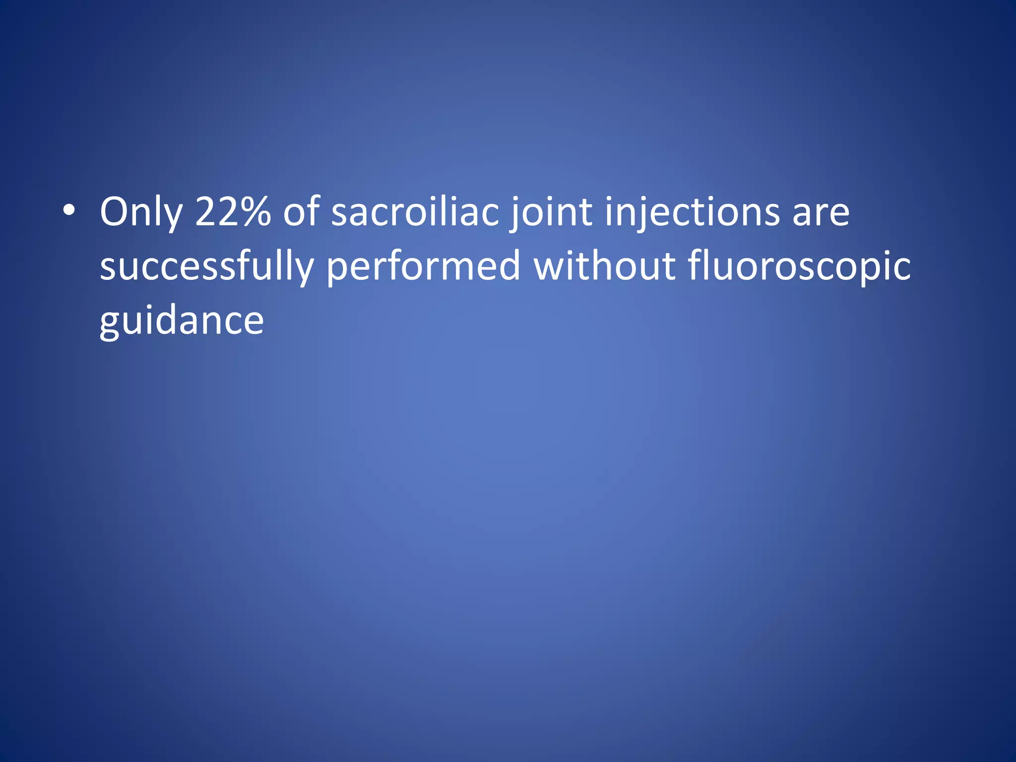 • Only 22% of sacroiliac joint injections are
successfully performed without fluoroscopic
guidance
 