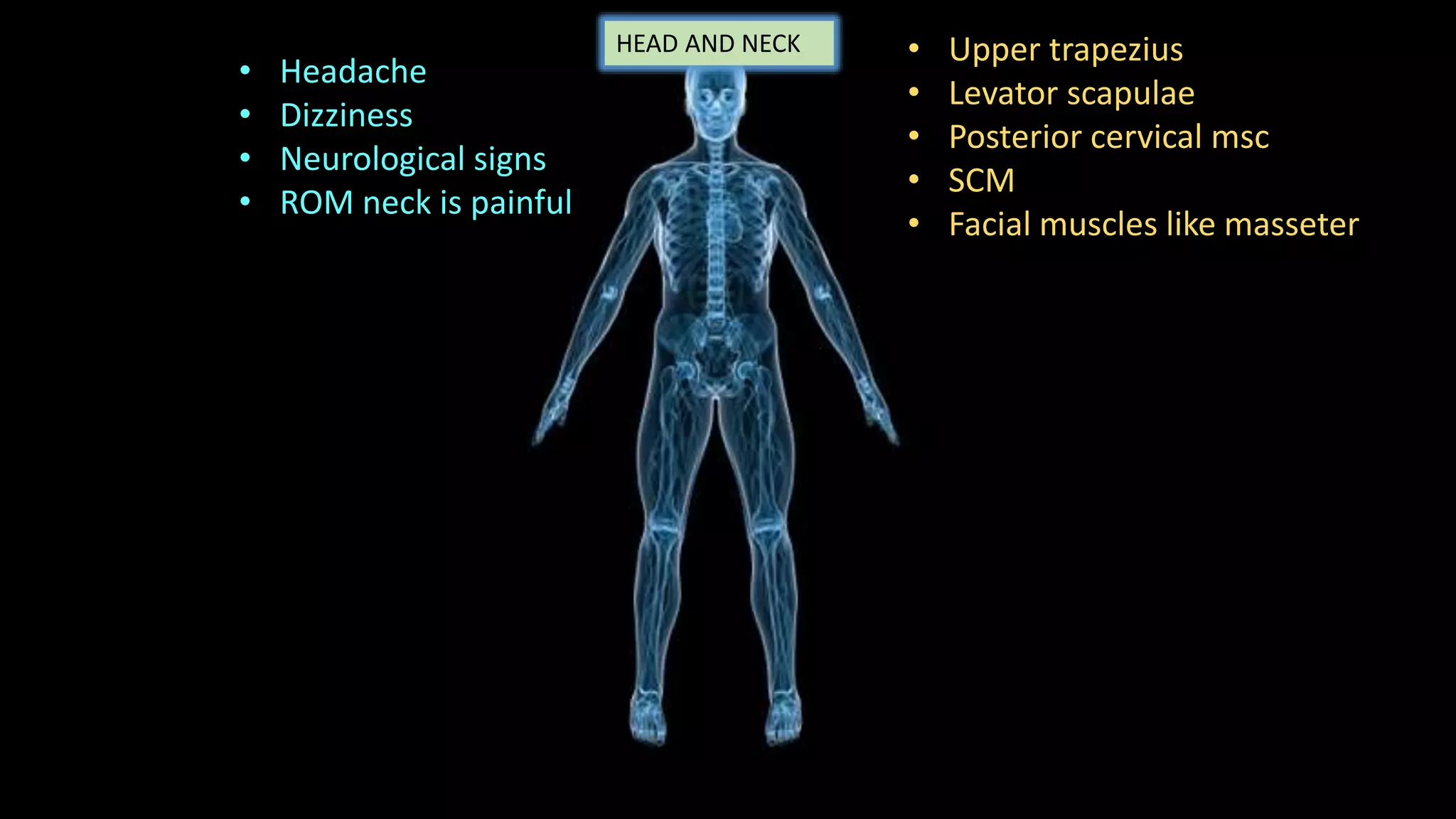 HEAD AND NECK
• Headache
• Dizziness
• Neurological signs
• ROM neck is painful
• Upper trapezius
• Levator scapulae
• Posterior cervical msc
• SCM
• Facial muscles like masseter
 