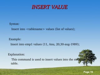 Page 16
INSERT VALUEINSERT VALUE
  Syntax:
     Insert into <tablename> values (list of values);
  Example:
    Insert into emp1 values (11, Anu, 20,30­aug­1989);
 Explanation:
     This command is used to insert values into the structure of the 
table.
 