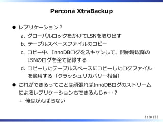 Percona XtraBackup
レプリケーション︖
グローバルロックをかけてLSNを取り出すa.
テーブルスペースファイルのコピーb.
コピー中、InnoDBログをスキャンして、開始時以降の
LSNのログを全て記録する
c.
コピーしたテーブルスペースにコピーしたログファイル
を適⽤する（クラッシュリカバリー相当）
d.
これができるってことは頑張ればInnoDBログのストリーム
によるレプリケーションもできるんじゃ…︖
俺はがんばらない-
118/133
 