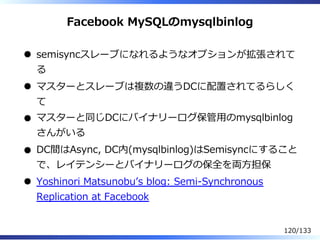 Facebook MySQLのmysqlbinlog
semisyncスレーブになれるようなオプションが拡張されて
る
マスターとスレーブは複数の違うDCに配置されてるらしく
て
マスターと同じDCにバイナリーログ保管⽤のmysqlbinlog
さんがいる
DC間はAsync, DC内(mysqlbinlog)はSemisyncにすること
で、レイテンシーとバイナリーログの保全を両⽅担保
Yoshinori Matsunobuʼs blog: Semi-Synchronous
Replication at Facebook
120/133
 