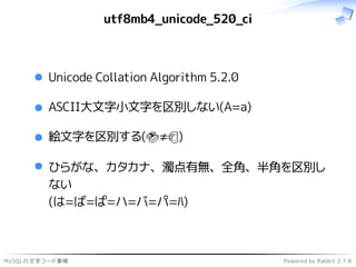 MySQLの文字コード事情 Powered by Rabbit 2.1.9
utf8mb4_unicode_520_ci
Unicode Collation Algorithm 5.2.0
ASCII大文字小文字を区別しない(A=a)
絵文字を区別する(🍣≠🍺)
ひらがな、カタカナ、濁点有無、全角、半角を区別し
ない
(は=ば=ぱ=ハ=バ=パ=ﾊ)
 