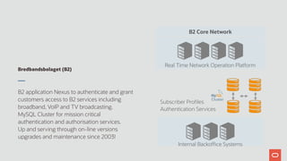 Bredbandsbolaget (B2)
B2 application Nexus to authenticate and grant
customers access to B2 services including
broadband, VoIP and TV broadcasting.
MySQL Cluster for mission critical
authentication and authorisation services.
Up and serving through on-line versions
upgrades and maintenance since 2003!
Real Time Network Operation Platform
Internal Backoffice Systems
Subscriber Profiles
Authentication Services
B2 Core Network
 