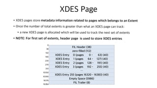 XDES Page
•XDES pages store metadata information related to pages which belongs to an Extent
•Once the number of total extents is greater than what an XDES page can track:
•a new XDES page is allocated which will be used to track the next set of extents
•NOTE: For first set of extents, header page is used to store XDES entries
FIL Header (38)
zero-filled (112)
XDES Entry 0 (pages 0 - 63) (40)
XDES Entry 1 (pages 64 - 127) (40)
XDES Entry 2 (pages 128 - 191) (40)
XDES Entry 3 (pages 192 - 255) (40)
…
XDES Entry 255 (pages 16320 - 16383) (40)
Empty Space (5986)
FIL Trailer (8)
0
38
150
190
230
270
10390
10350
310
16384
16376
 