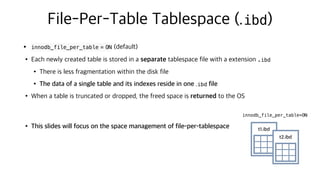 File-Per-Table Tablespace (.ibd)
• innodb_file_per_table = ON (default)
•Each newly created table is stored in a separate tablespace file with a extension .ibd
•There is less fragmentation within the disk file
•The data of a single table and its indexes reside in one .ibd file
•When a table is truncated or dropped, the freed space is returned to the OS
•This slides will focus on the space management of file-per-tablespace t1.ibd
t2.ibd
innodb_file_per_table=ON
 