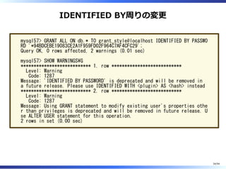 IDENTIFIED BY周りの変更
mysql57> GRANT ALL ON db.* TO grant_style@localhost IDENTIFIED BY PASSWO
RD '*94BDCEBE19083CE2A1F959FD02F964C7AF4CFC29';
Query OK, 0 rows affected, 2 warnings (0.01 sec)
mysql57> SHOW WARNINGSG
*************************** 1. row ***************************
Level: Warning
Code: 1287
Message: 'IDENTIFIED BY PASSWORD' is deprecated and will be removed in
a future release. Please use IDENTIFIED WITH <plugin> AS <hash> instead
*************************** 2. row ***************************
Level: Warning
Code: 1287
Message: Using GRANT statement to modify existing user's properties othe
r than privileges is deprecated and will be removed in future release. U
se ALTER USER statement for this operation.
2 rows in set (0.00 sec)
34/94
 