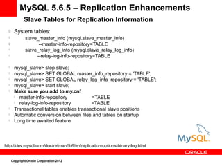 Copyright Oracle Corporation 2012

System tables:

slave_master_info (mysql.slave_master_info)

--master-info-repository=TABLE

slave_relay_log_info (mysql.slave_relay_log_info)

--relay-log-info-repository=TABLE

mysql_slave> stop slave;

mysql_slave> SET GLOBAL master_info_repository = 'TABLE';

mysql_slave> SET GLOBAL relay_log_info_repository = 'TABLE';

mysql_slave> start slave;

Make sure you add to my.cnf

master-info-repository =TABLE

relay-log-info-repository =TABLE

Transactional tables enables transactional slave positions

Automatic conversion between files and tables on startup

Long time awaited feature
http://dev.mysql.com/doc/refman/5.6/en/replication-options-binary-log.html
Slave Tables for Replication Information
MySQL 5.6.5 – Replication Enhancements
 