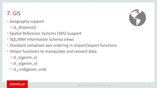 Copyright © 2017 Oracle and/or its affiliates. All rights reserved. |
7. GIS
• Geography support
• st_distance()
• Spatial Reference Systems (SRS) Support
• SQL/MM Information Schema views
• Standard compliant axis ordering in import/export functions
• Helper functions to manipulate and convert data:
• st_x(geom, x)
• st_y(geom, y)
• st_srid(geom, srid)
21
 