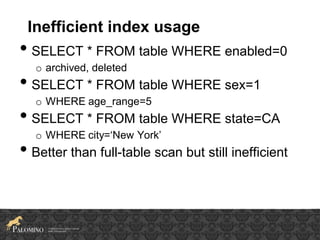 Inefficient index usage
• SELECT * FROM table WHERE enabled=0
o archived, deleted
• SELECT * FROM table WHERE sex=1
o WHERE age_range=5
• SELECT * FROM table WHERE state=CA
o WHERE city=‘New York’
• Better than full-table scan but still inefficient
 
