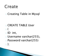 Creating Table in Mysql 
CREATE TABLE User 
( 
ID int, 
Username varchar(255), 
Password varchar(255) 
); 
 