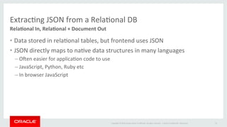 Copyright	©	2016	Oracle	and/or	its	aﬃliates.	All	rights	reserved.		|	
ExtracOng	JSON	from	a	RelaOonal	DB	
Rela+onal	In,	Rela+onal	+	Document	Out	
•  Data	stored	in	relaOonal	tables,	but	frontend	uses	JSON	
•  JSON	directly	maps	to	naOve	data	structures	in	many	languages	
– Oxen	easier	for	applicaOon	code	to	use	
– JavaScript,	Python,	Ruby	etc	
– In	browser	JavaScript	
Oracle	ConﬁdenOal	–	Restricted	 14	
 