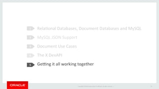 Copyright	©	2016	Oracle	and/or	its	aﬃliates.	All	rights	reserved.		|	
RelaOonal	Databases,	Document	Databases	and	MySQL	
MySQL	JSON	Support	
Document	Use	Cases	
The	X	DevAPI	
Geng	it	all	working	together	
	
1	
2	
3	
4	
32	
5	
 