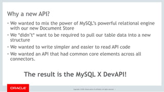 Copyright © 2018, Oracle and/or its affiliates. All rights reserved. |
Why a new API?
• We wanted to mix the power of MySQL’s powerful relational engine
with our new Document Store
• We *didn’t* want to be required to pull our table data into a new
structure
• We wanted to write simpler and easier to read API code
• We wanted an API that had common core elements across all
connectors.
The result is the MySQL X DevAPI!
 