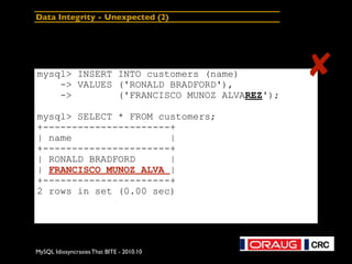 MySQL Idiosyncrasies That BITE - 2010.10
Data Integrity - Unexpected (2)
mysql> INSERT INTO customers (name)
-> VALUES ('RONALD BRADFORD'),
-> ('FRANCISCO MUNOZ ALVAREZ');
mysql> SELECT * FROM customers;
+----------------------+
| name |
+----------------------+
| RONALD BRADFORD |
| FRANCISCO MUNOZ ALVA |
+----------------------+
2 rows in set (0.00 sec)
✘
 