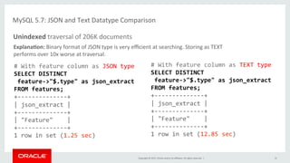 Copyright	
  ©	
  2015,	
  Oracle	
  and/or	
  its	
  aﬃliates.	
  All	
  rights	
  reserved.	
  	
  |	
  
MySQL	
  5.7:	
  JSON	
  and	
  Text	
  Datatype	
  Comparison	
  
	
  
#	
  With	
  feature	
  column	
  as	
  JSON	
  type	
  
SELECT	
  DISTINCT	
  
	
  feature-­‐>"$.type"	
  as	
  json_extract	
  
FROM	
  features;	
  
+-­‐-­‐-­‐-­‐-­‐-­‐-­‐-­‐-­‐-­‐-­‐-­‐-­‐-­‐+	
  
|	
  json_extract	
  |	
  
+-­‐-­‐-­‐-­‐-­‐-­‐-­‐-­‐-­‐-­‐-­‐-­‐-­‐-­‐+	
  
|	
  "Feature"	
  	
  	
  	
  |	
  
+-­‐-­‐-­‐-­‐-­‐-­‐-­‐-­‐-­‐-­‐-­‐-­‐-­‐-­‐+	
  
1	
  row	
  in	
  set	
  (1.25	
  sec)	
  
Unindexed	
  traversal	
  of	
  206K	
  documents	
  
#	
  With	
  feature	
  column	
  as	
  TEXT	
  type	
  
SELECT	
  DISTINCT	
  	
  
	
  feature-­‐>"$.type"	
  as	
  json_extract	
  
FROM	
  features;	
  
+-­‐-­‐-­‐-­‐-­‐-­‐-­‐-­‐-­‐-­‐-­‐-­‐-­‐-­‐+	
  
|	
  json_extract	
  |	
  
+-­‐-­‐-­‐-­‐-­‐-­‐-­‐-­‐-­‐-­‐-­‐-­‐-­‐-­‐+	
  
|	
  "Feature"	
  	
  	
  	
  |	
  
+-­‐-­‐-­‐-­‐-­‐-­‐-­‐-­‐-­‐-­‐-­‐-­‐-­‐-­‐+	
  	
  
1	
  row	
  in	
  set	
  (12.85	
  sec)	
  
Explana=on:	
  Binary	
  format	
  of	
  JSON	
  type	
  is	
  very	
  eﬃcient	
  at	
  searching.	
  Storing	
  as	
  TEXT	
  
performs	
  over	
  10x	
  worse	
  at	
  traversal.	
  
31	
  
 