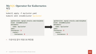 Copyright © 2021, Oracle and/or its affiliates. All rights reserved.
29
확장
MySQL Operator for Kubernetes
kubectl apply -f mycluster.yaml
kubectl edit innodbcluster mycluster
• 다운타임 없이 자동으로 확장됨
apiVersion: mysql.oracle.com/v2alpha1
kind: InnoDBCluster
metadata:
name: mycluster
spec:
instances: 5
router:
instances: 3
apiVersion: mysql.oracle.com/v2alpha1
kind: InnoDBCluster
metadata:
name: mycluster
spec:
instances: 3
router:
instances: 2
 