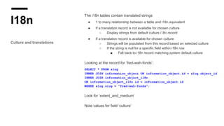 I18n
Culture and translations
The i18n tables contain translated strings
● 1 to many relationship between a table and i18n equivalent
● If a translation record is not available for chosen culture
○ Display strings from default culture i18n record
● If a translation record is available for chosen culture
○ Strings will be populated from this record based on selected culture
○ If the string is null for a specific field within i18n row
■ Fall back to i18n record matching system default culture
Looking at the record for ‘fred-wah-fonds’:
SELECT * FROM slug
INNER JOIN information_object ON information_object.id = slug.object_id
INNER JOIN information_object_i18n
ON information_object_i18n.id = information_object.id
WHERE slug.slug = "fred-wah-fonds";
Look for ‘extent_and_medium’
Note values for field ‘culture’
 