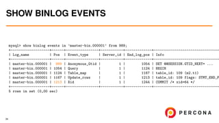 mysql> show binlog events in ’master-bin.000001’ from 989;
+-------------------+------+----------------+-----------+-------------+--------------------------------
| Log_name | Pos | Event_type | Server_id | End_log_pos | Info
+-------------------+------+----------------+-----------+-------------+--------------------------------
| master-bin.000001 | 989 | Anonymous_Gtid | 1 | 1054 | SET @@SESSION.GTID_NEXT= ...
| master-bin.000001 | 1054 | Query | 1 | 1124 | BEGIN
| master-bin.000001 | 1124 | Table_map | 1 | 1167 | table_id: 109 (m2.t1)
| master-bin.000001 | 1167 | Update_rows | 1 | 1213 | table_id: 109 flags: STMT_END_F
| master-bin.000001 | 1213 | Xid | 1 | 1244 | COMMIT /* xid=64 */
+-------------------+------+----------------+-----------+-------------+--------------------------------
5 rows in set (0,00 sec)
SHOW BINLOG EVENTS
34
 