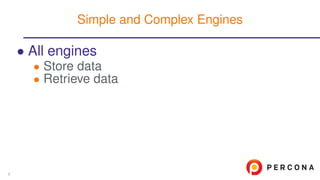• All engines
• Store data
• Retrieve data
Simple and Complex Engines
8
 