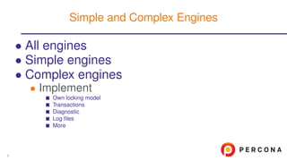 • All engines
• Simple engines
• Complex engines
• Implement
Own locking model
Transactions
Diagnostic
Log ﬁles
More
Simple and Complex Engines
8
 
