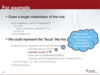For example
 Given a single instantiation of this rule:
<xsl:template match="heading">
<title>
<xsl:value-of select="."/>
</title>
</xsl:template>
 We could represent the “focus” like this:
<trace:focus context-id="n1a833c7b3a005151"
context-position="1"
context-size="1"
rule-id="nfa49863d62353482"
invocation-id="bc08a736-13f7-e97b-a272">
<title>This is the title</title>
</trace:focus>
20
How many
nodes are in the
list being
processed by
that invocation
 