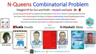Graham Hutton
@haskellhutt
Miran Lipovača
Paul Chiusano
Runar Bjarnason
@pchiusano
@runarorama
Gloss
Doodle
N-Queens Combinatorial Problem
Polyglot FP for Fun and Profit – Haskell and Scala
see how the guard function has migrated from MonadPlus to Alternative and learn something about the latter
learn how to write a Scala program that draws an N-Queens solution board using the Doodle graphics library
see how to write the equivalent Haskell program using the Gloss graphics library
learn how to use Monoid and Foldable to compose images both in Haskell and in Scala
Part 2
with excerpts from
@philip_schwarz
slides by https://www.slideshare.net/pjschwarz
Cats Effect
 