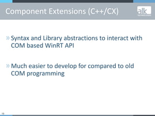 18
»Syntax and Library abstractions to interact with
COM based WinRT API
»Much easier to develop for compared to old
COM programming
Component Extensions (C++/CX)
 