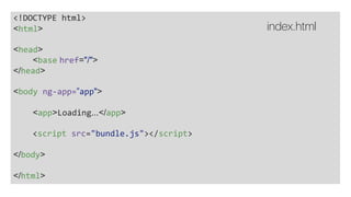 <!DOCTYPE html>
<html>
<head>
<base href="/">
</head>
<body ng-app=”app">
<app>Loading...</app>
<script src="bundle.js"></script>
</body>
</html>
index.html
 